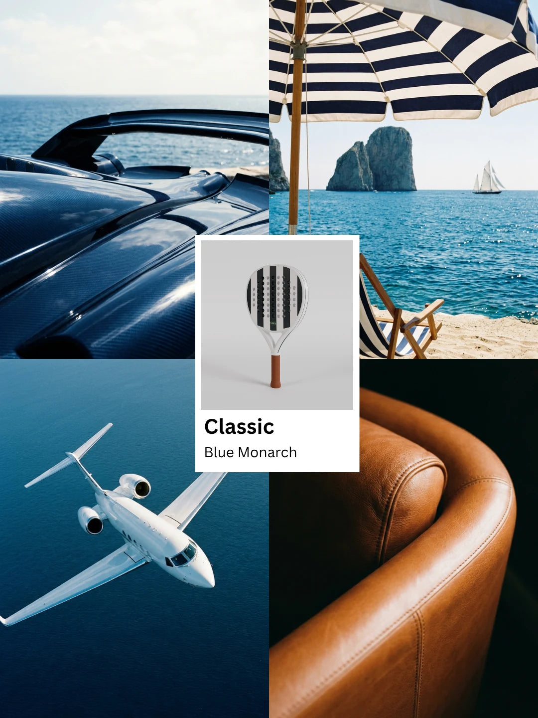 NOPA Classics Blue Monarch padel racquet lifestyle moodboard featuring a navy sports car roof, a striped beach umbrella by the sea and a private jet over water.