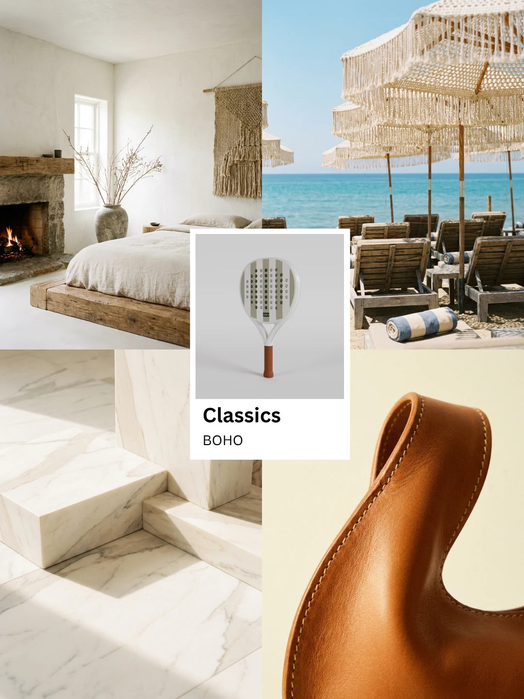 NOPA Classics BOHO padel racquet lifestyle moodboard featuring a fringed macrame beach umbrella, a minimalist white bedroom and a tan leather bag.