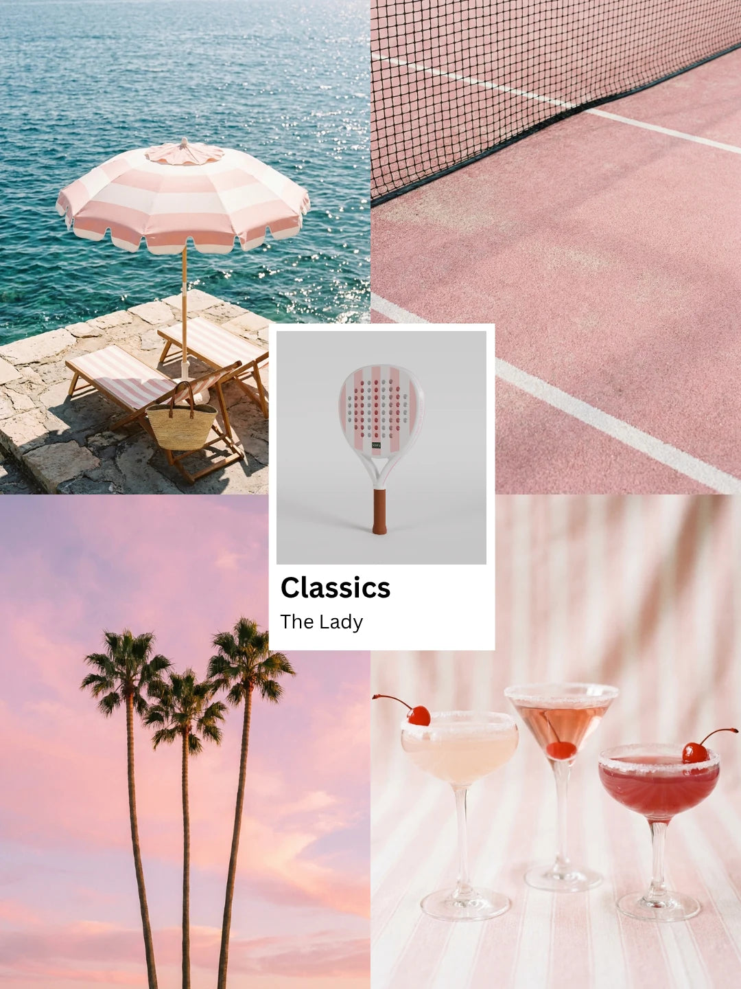 NOPA Classics The Lady padel racquet lifestyle moodboard featuring a pink striped beach umbrella, a pink-toned padel court, palm trees at sunset and pastel cocktails.