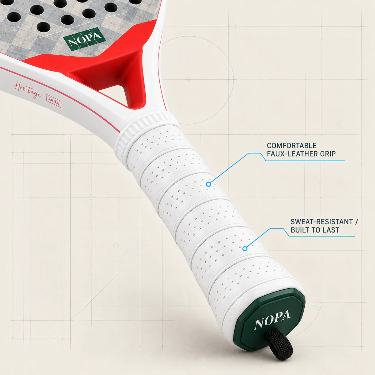 NOPA Heritage Agile padel racquet grip detail callout showing comfortable faux-leather, sweat-resistant and built-to-last material.