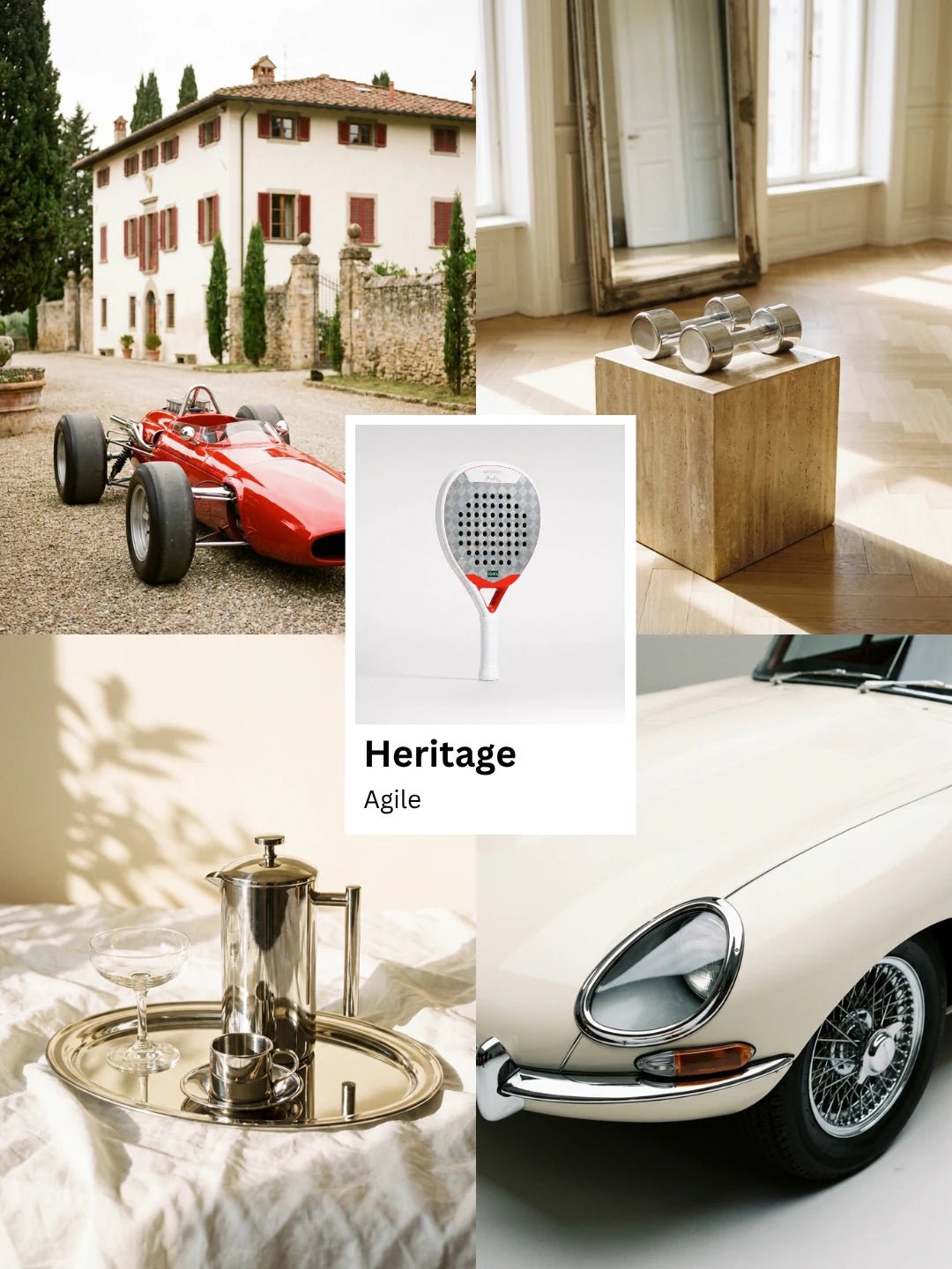 NOPA Heritage Agile padel racquet lifestyle moodboard featuring a Tuscan villa with a vintage red racing car, a minimalist dumbbell display and a silver coffee tray.