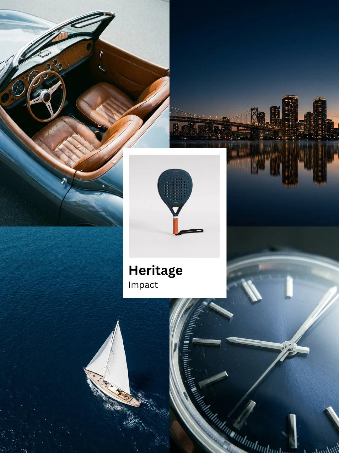 NOPA Heritage Impact padel racquet lifestyle moodboard featuring a classic convertible car interior, a city skyline at dusk and a navy wristwatch.
