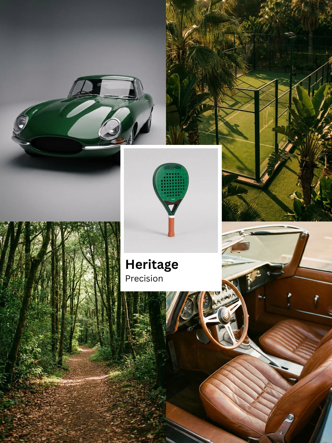 NOPA Heritage Precision padel racquet lifestyle moodboard featuring a vintage green Jaguar E-Type, a jungle padel court and a wood-lined forest path.