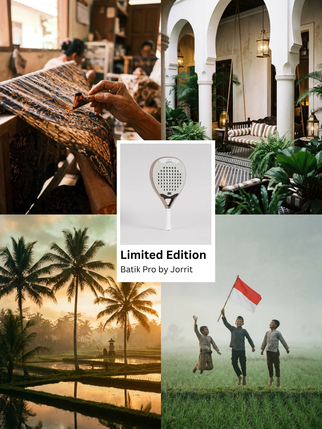 NOPA Limited Edition Batik Pro by Jorrit padel racquet lifestyle moodboard featuring traditional batik cloth being hand-painted, an Indonesian courtyard and children playing in rice fields.