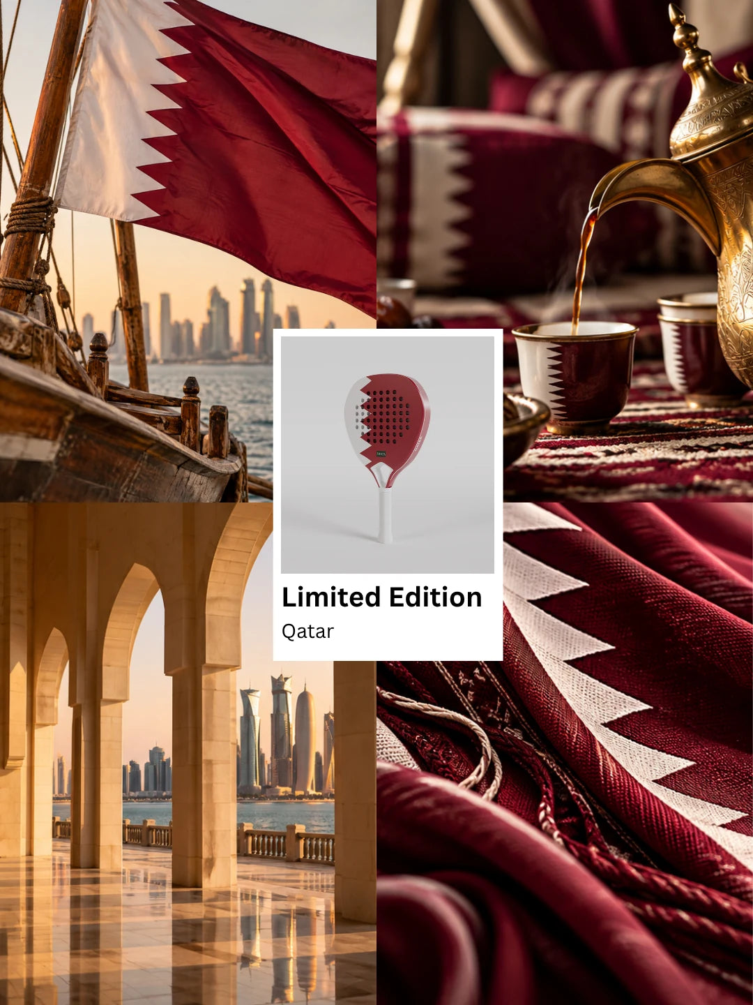 NOPA Limited Edition Qatar padel racquet lifestyle moodboard featuring the Qatari flag on a traditional dhow, Arabic coffee being poured beside a maroon-patterned rug, sandstone arches overlooking the Doha skyline and folded maroon and white fabric.