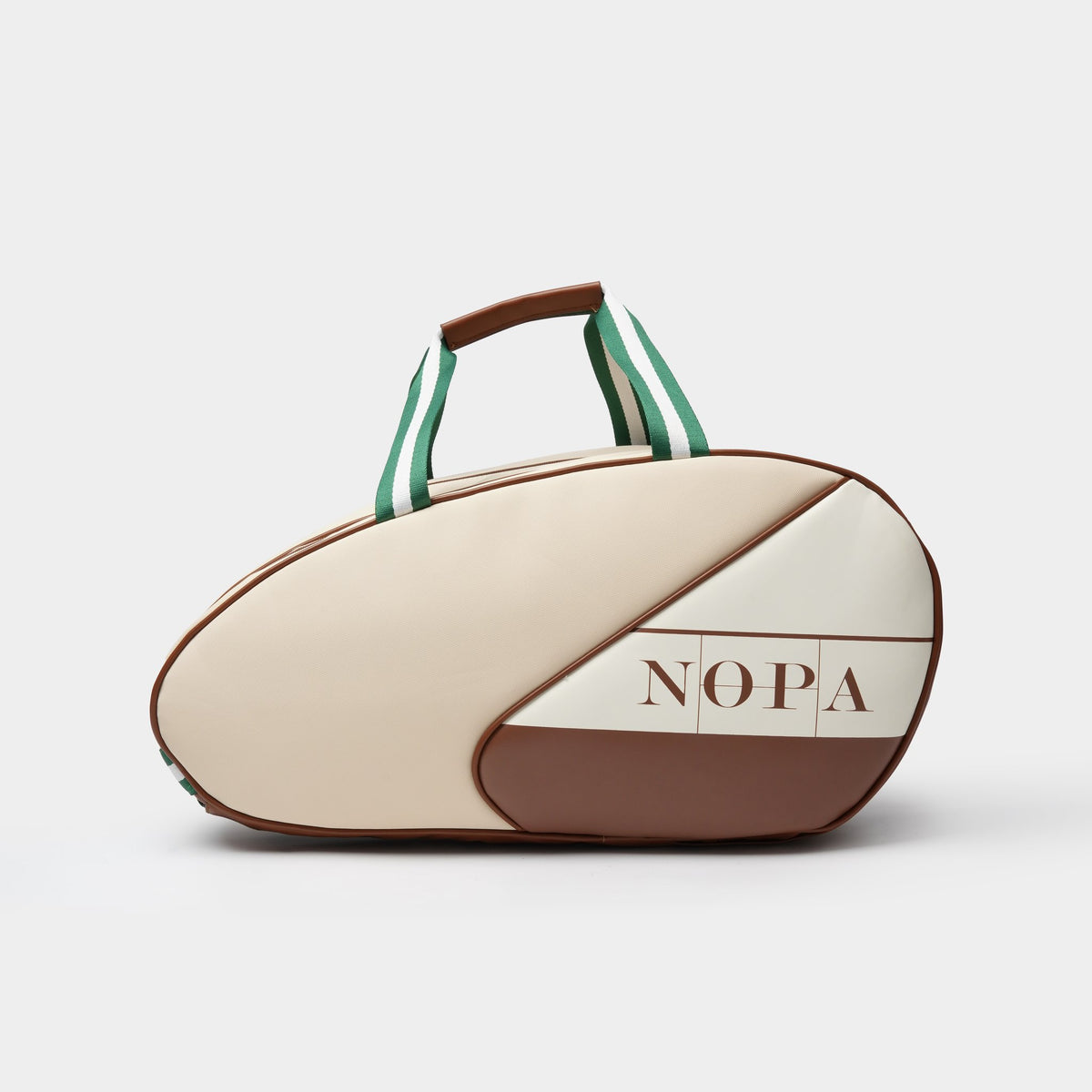 Side profile of the NOPA cream padel racket bag showing its oval silhouette and logo panel