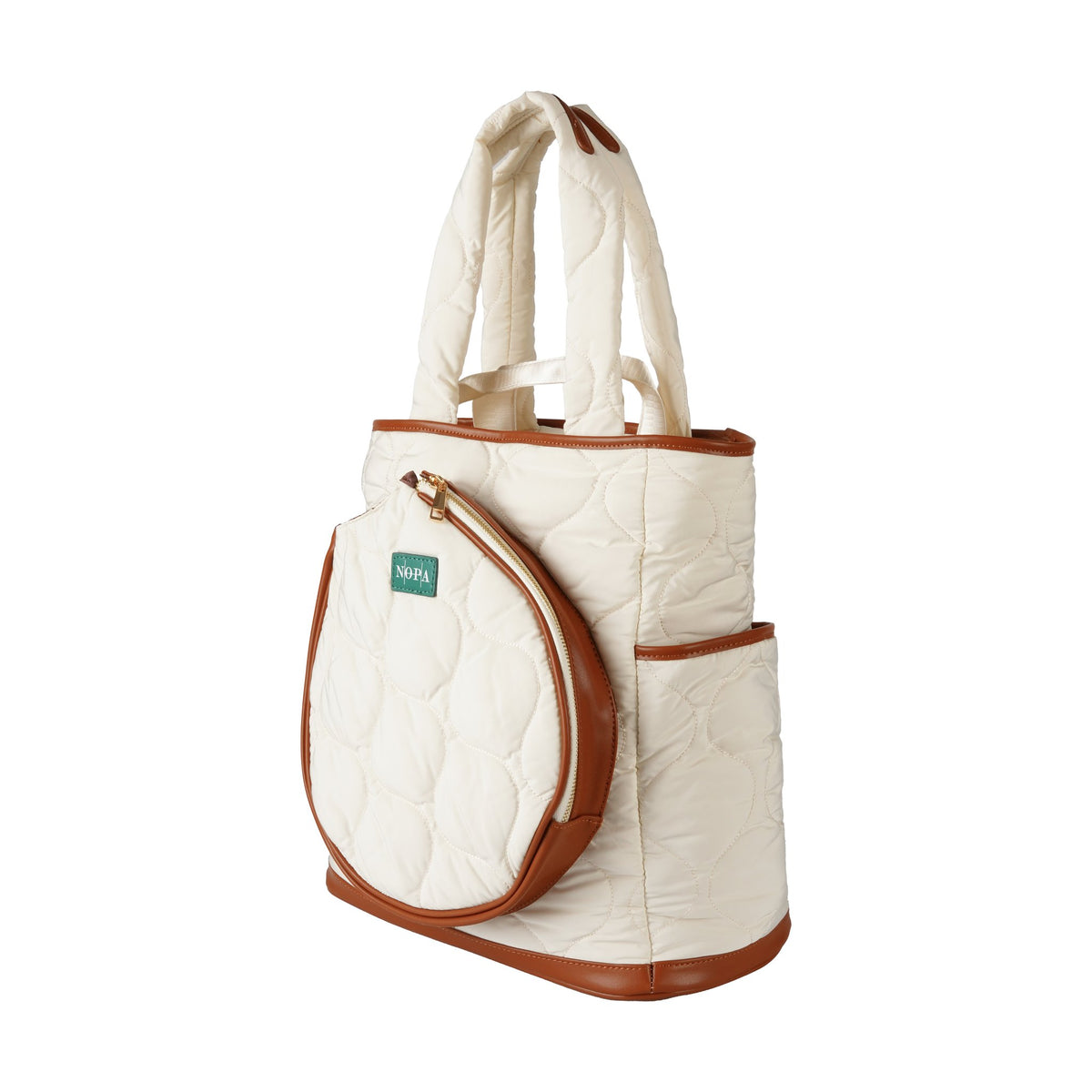 NOPA quilted cream padel tote backpack with tan leather trim, side view
