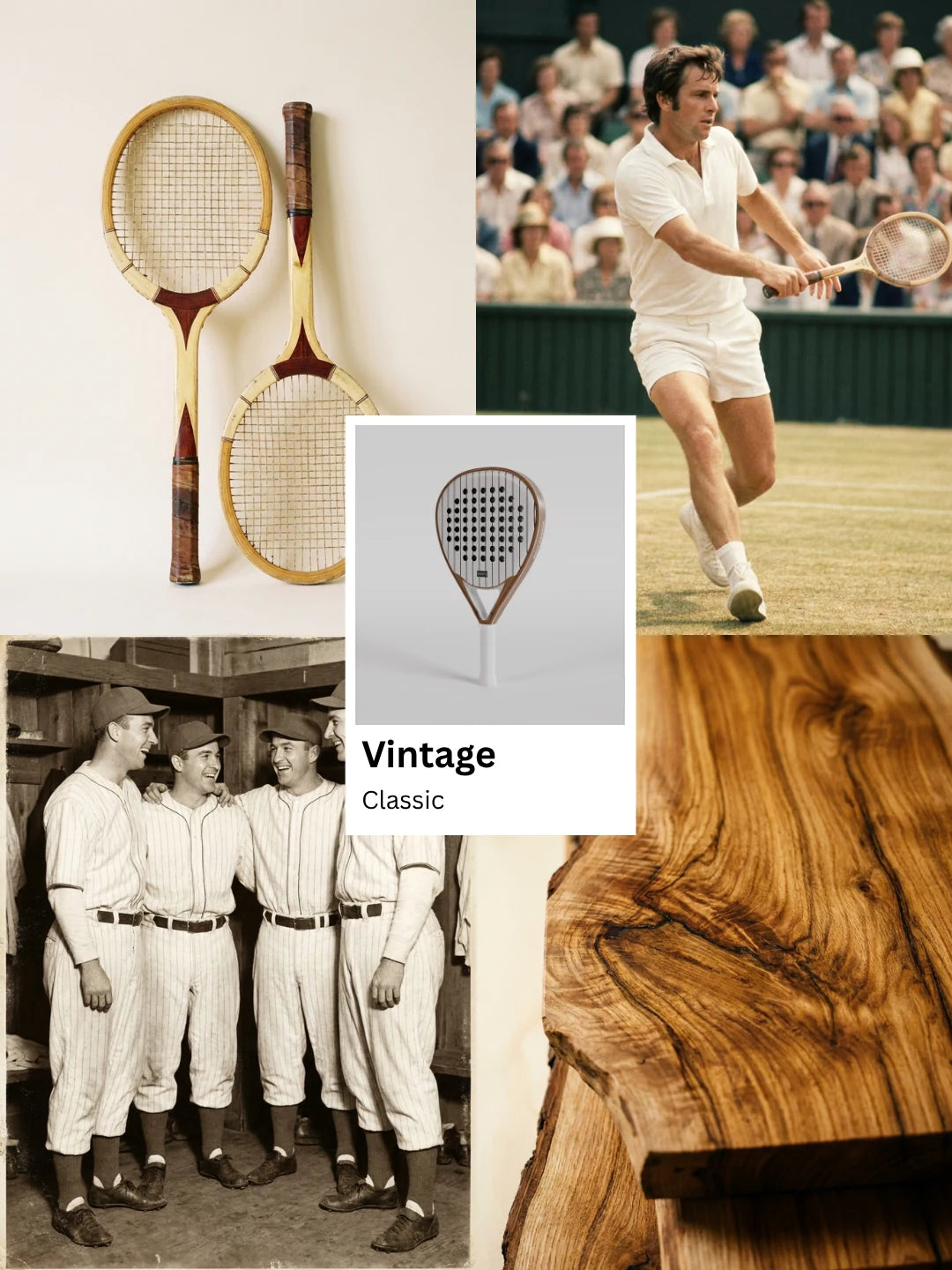 NOPA Vintage Classic padel racquet lifestyle moodboard featuring wooden tennis racquets, a Wimbledon player in whites and a vintage baseball team photo.