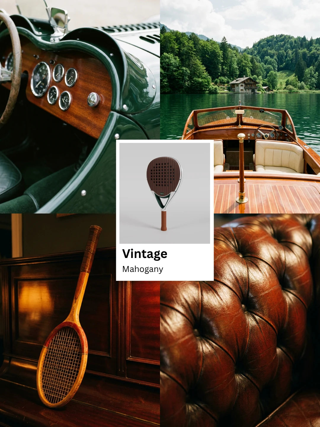 NOPA Vintage Mahogany padel racquet lifestyle moodboard featuring a classic wooden speedboat on a lake, a vintage tennis racquet and tufted brown leather upholstery.