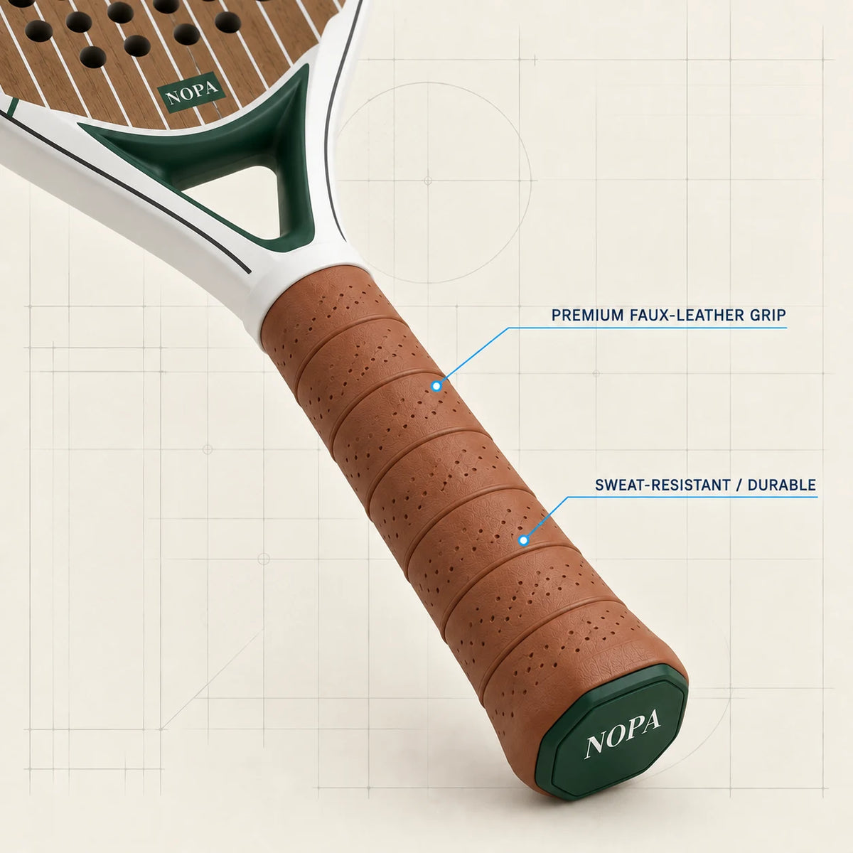 NOPA Vintage Teak padel racquet grip detail callout showing premium faux-leather, sweat-resistant and durable material.