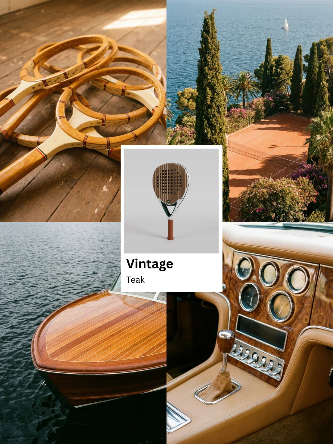 NOPA Vintage Teak padel racquet lifestyle moodboard featuring stacked wooden tennis racquets, a clay court by the Mediterranean and a wood-panelled car dashboard.