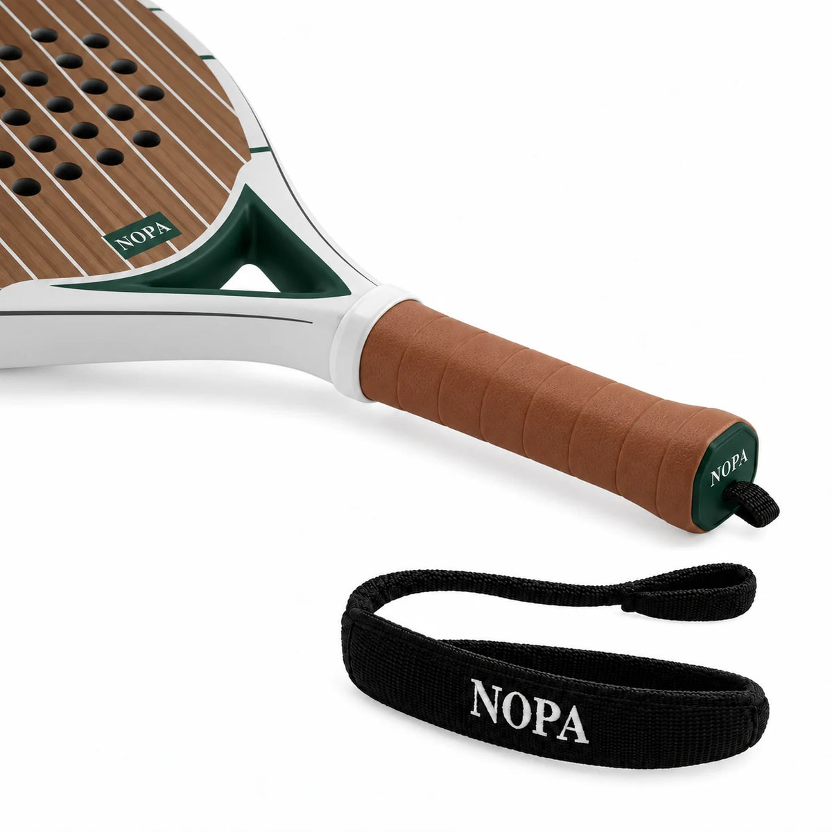 NOPA Vintage Teak padel racquet close-up showing the faux-leather grip and detachable NOPA safety strap.