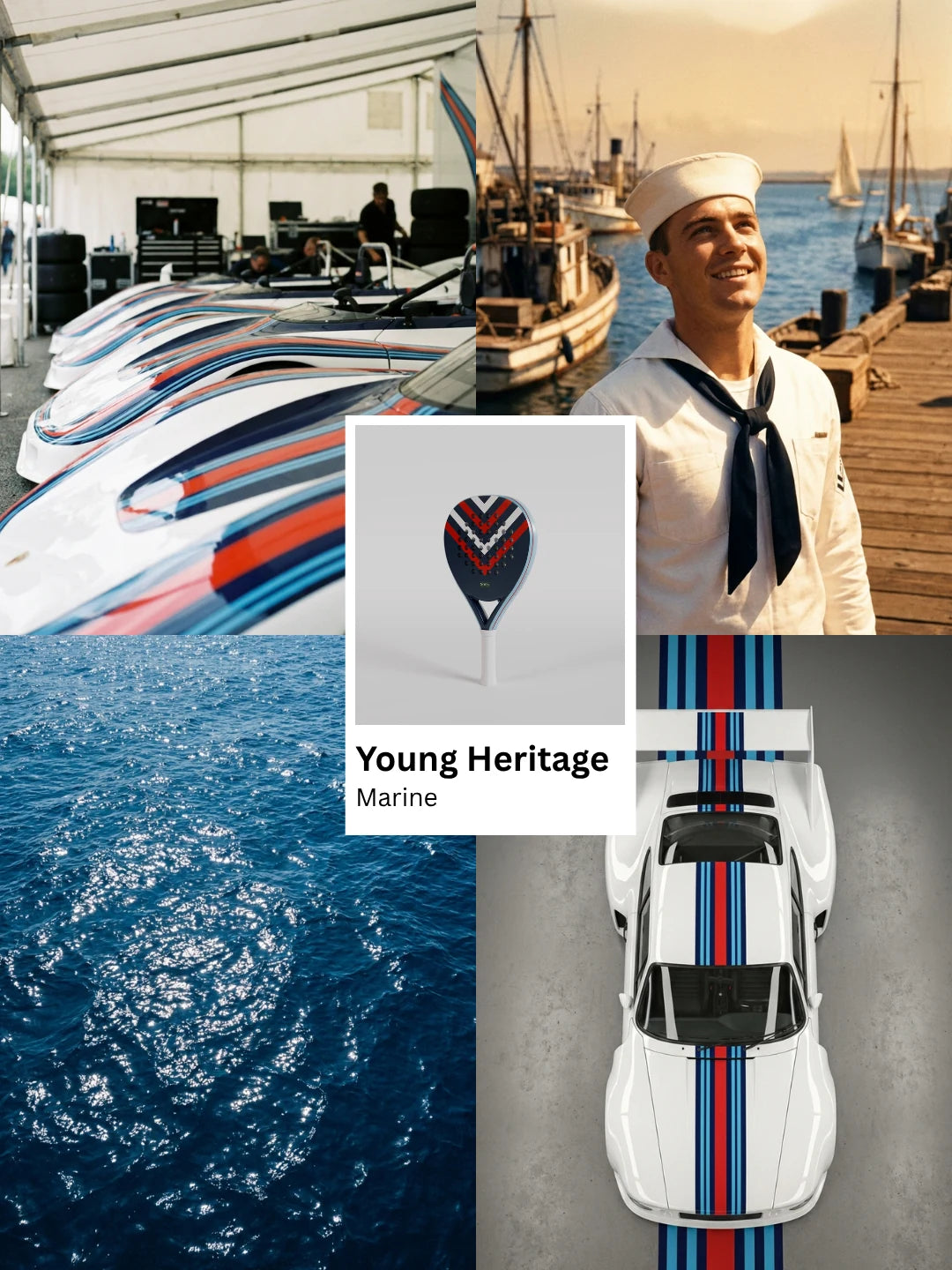 NOPA Young Heritage Marine padel racquet lifestyle moodboard featuring Martini Racing striped speedboats, a sailor on a harbour dock and a white racing car with navy and red stripes.