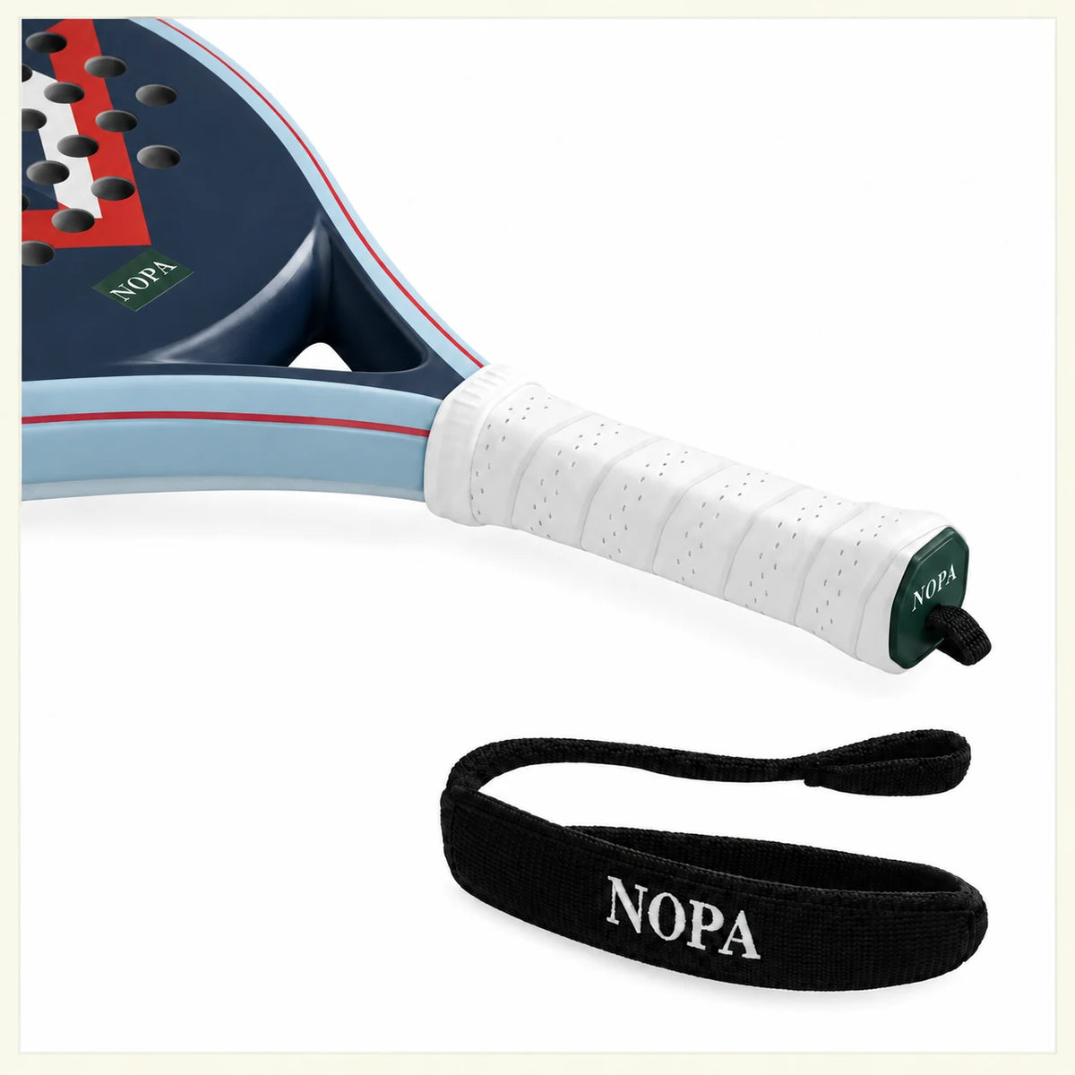 NOPA Young Heritage Marine padel racquet close-up showing the perforated grip and detachable NOPA safety strap.